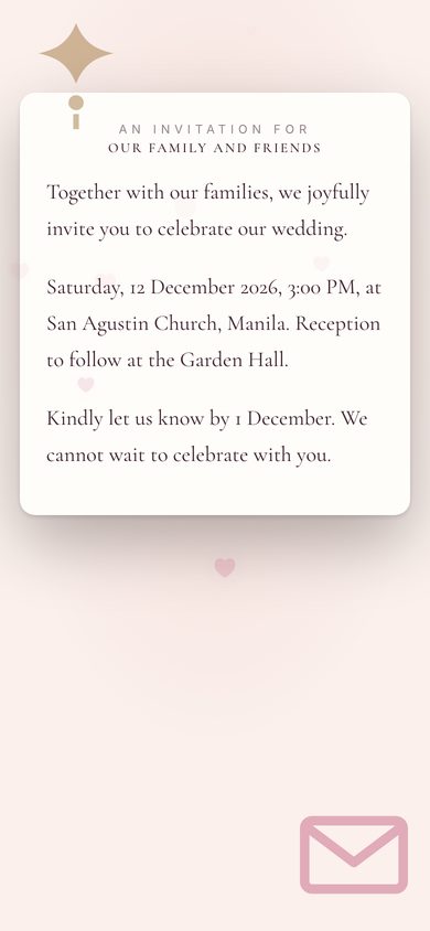 A wedding invitation opened on a phone: the date, the place and the photos