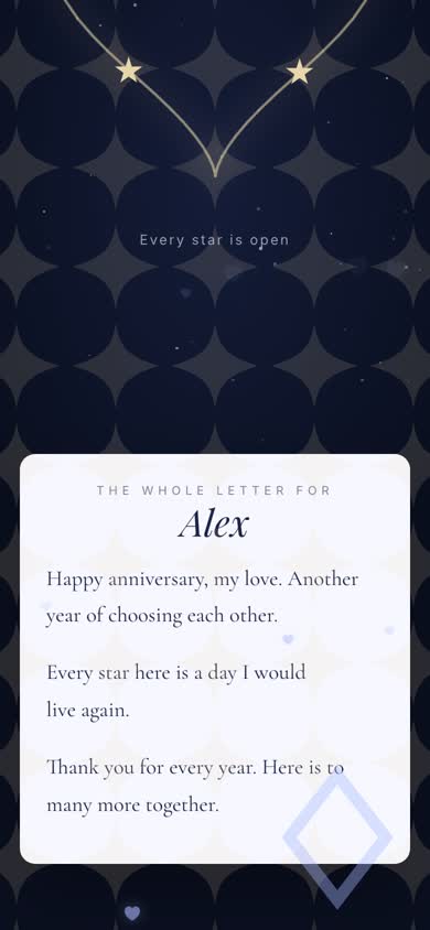 A sky of stars on a phone, each star holding an anniversary memory