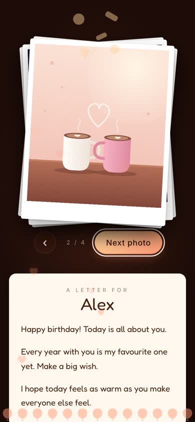 A birthday gift box opening on a phone to show photos and a message