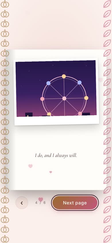 A wedding storybook open on a phone, one page of the couple’s story